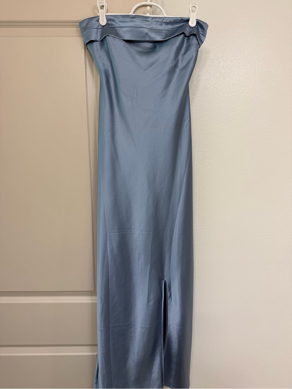 Altar'd State Strapless Satin Maxi Dress in Dusty Blue